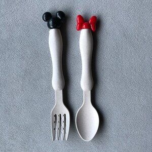 Set of 2 Utensils ~ Spoon  Fork ~ Minnie Mickey ~ Eggshell ~ Brand New